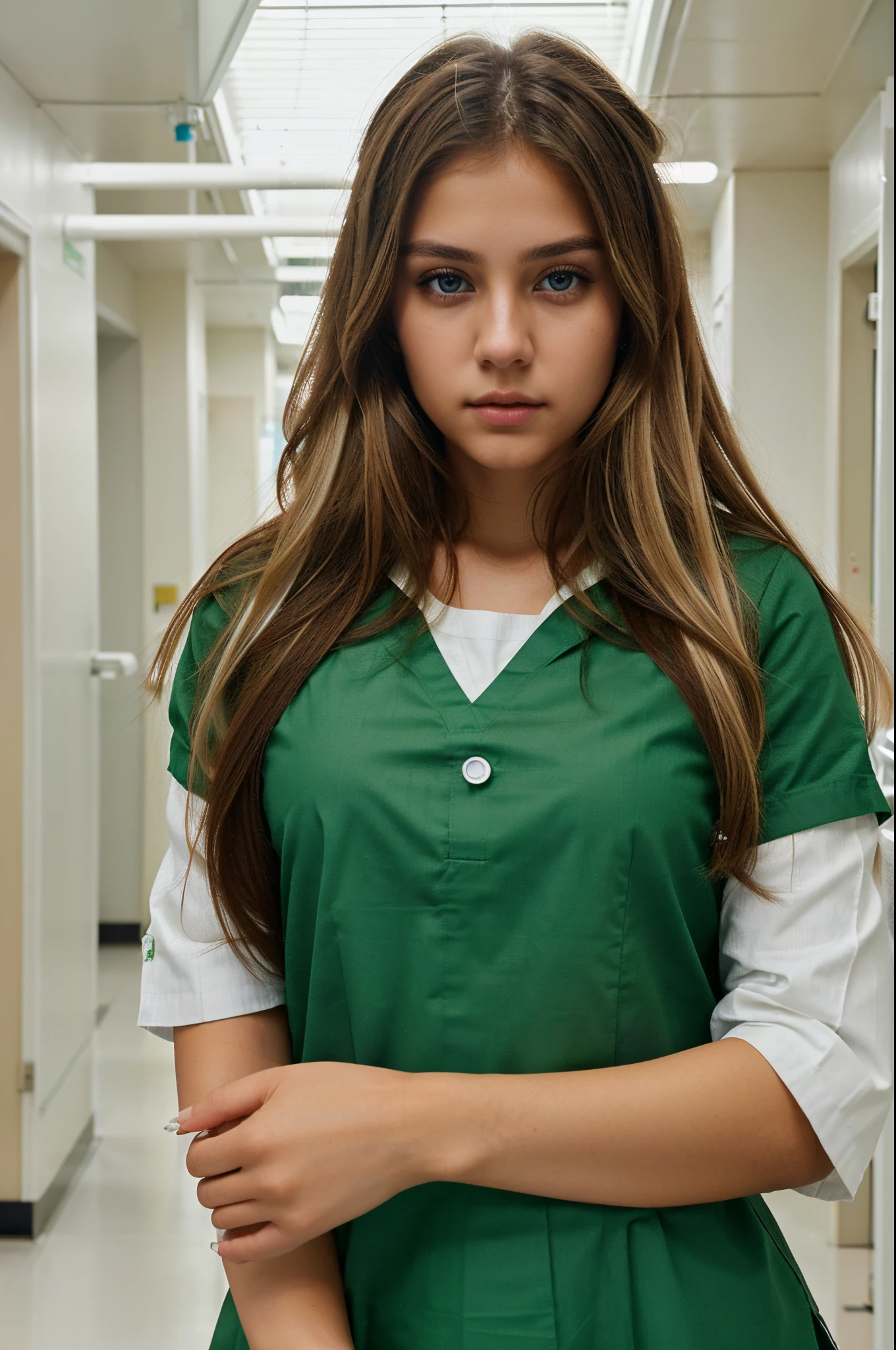 Create a 21 year old woman, thin, with black eyes, long dark blonde hair, big brown eyes, oval face and light brown skin, she is dressed in a green nurse's uniform, (SHE IS IN A HOSPITAL CORRIDOR AND THE COLOR MAIN ENVIRONMENT IS WHITE). Extremely realistic image with 8k quality, and she has perfect eyes
