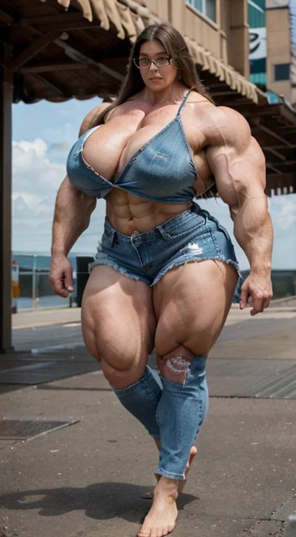 A HD 4K full body Photo of a beautiful, huge, enormous, buff, giant, Female bodybuilder, muscle goddess, huge arms and huge legs, giant boobs, enormous muscles, big beautiful eyes, long hair, walking barefoot, in Blackpool, long dark hair, wearing reading glasses, a tight vest and ripped jean shorts, photorealistic