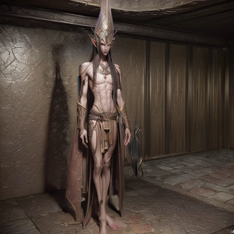(masterpiece, best quality, extremely detailed CG unity 8k wallpaper, dramatic, morrowind:1.5), (dagoth, morrowind, tall slender androgynous male, dark elf:1.5)