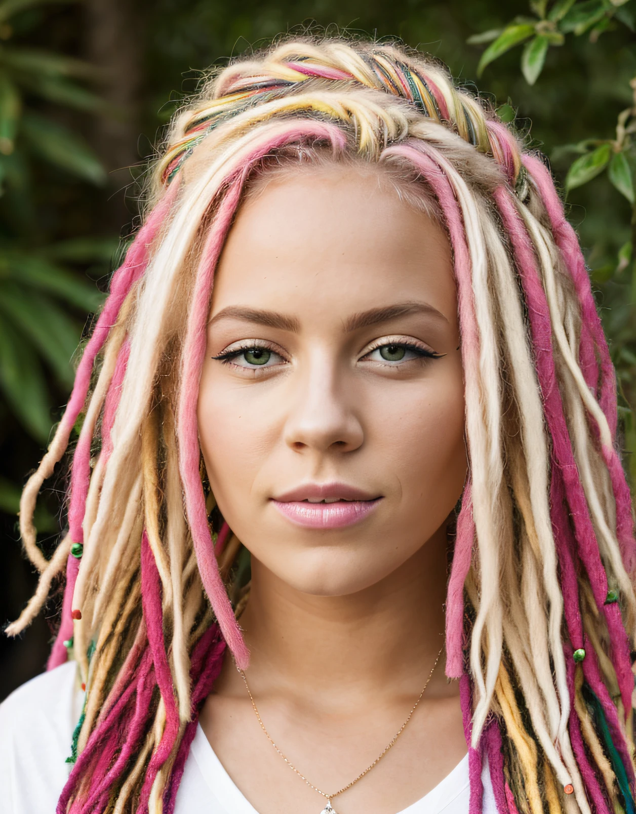 pink and blonde rasta on a blonde hair, hipster girl very alternative style , philipine white girl with green eyes.