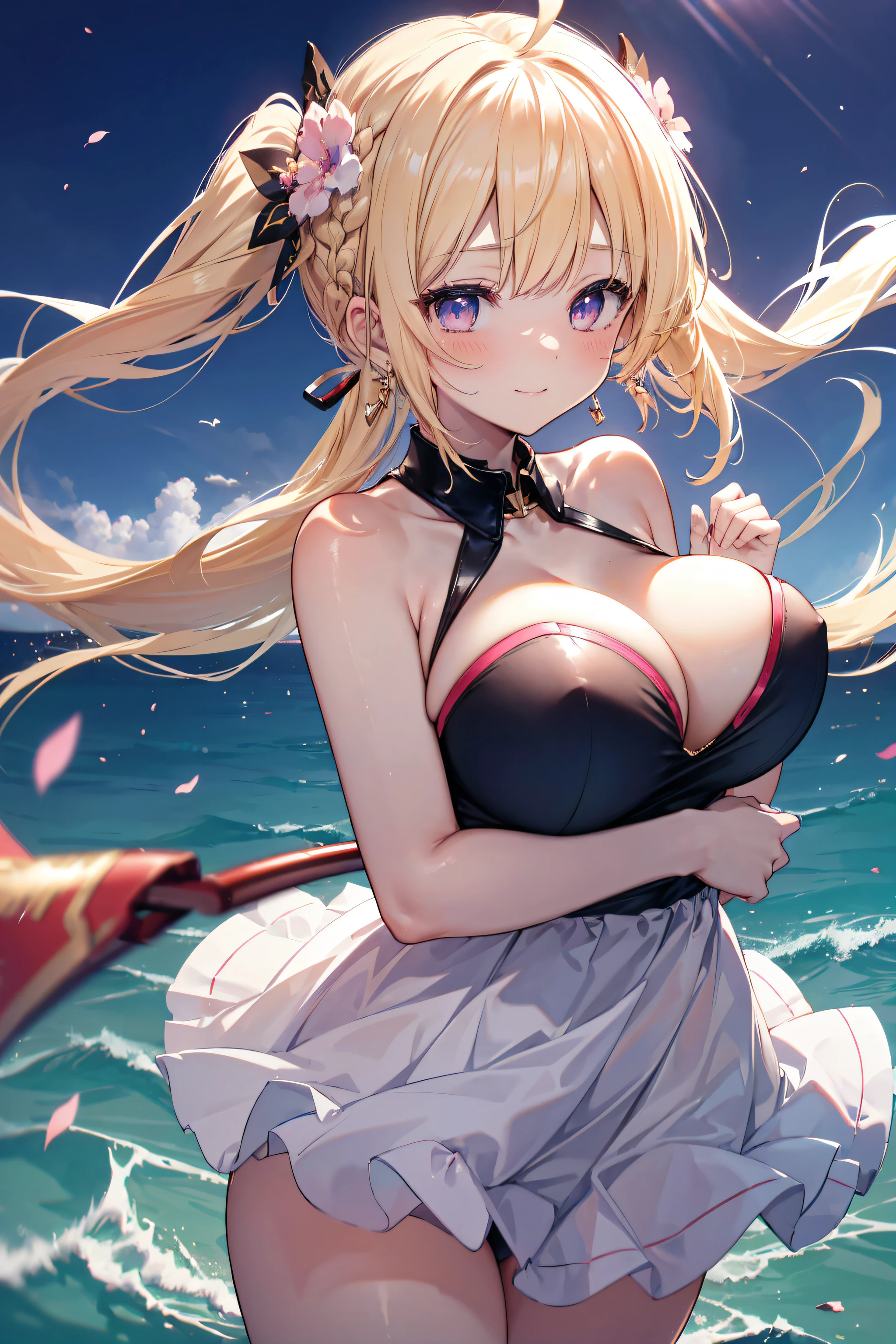 2filles, ahoge ou twintail, braided bangs, cheveux blonds, (beautiful detailed eyes, Yeux bleus et roses, yeux flamboyants), Souriant, joyeux, grosse poitrine, clivage, crescent earrings, Sexual clothing, queues et oreilles d'animaux, (beautiful necklace in cuir bijou detail), (épingle à cheveux fleur de cheveux), Lens rash abuse, les mains dans le dos, aberration chromatique, High detail, Anime, romantisme, op art, profondeur de champ, Flou de mouvement, glowing light, grain du film, UHD, retina, ccurate, Masterpiece, anatomiquement correct, textured skin, super detail, High Details, High quality, award winning, Best quality, high resolucion, 16k