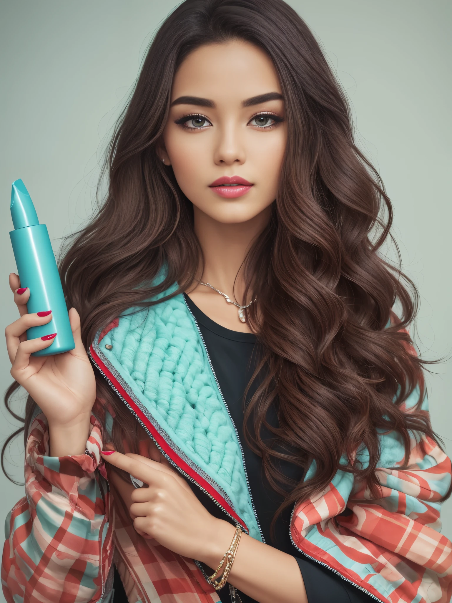 4K UHD, 90s beautiful girl, lipstick advertisement, colorful, nail polish, turquoise straight long hair, leather jacket, eyeliner, ultra-realism,  high quality, cinematic light, curly brown hair, Instagram model --auto --s2