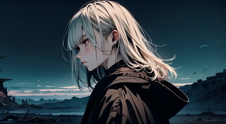 A 26-year-old Asian male with long, tangled white hair, red eyes, and a tanned complexion stands in a black robe, facing away amid a landscape strewn with craters and fallen warriors. The art style echoes Kentaro Miura's 'Vagabond,' showcasing a wide-angle view with intricate details, including perfect facial features, precise anatomy, and a contemplative posture, evoking the desolate yet captivating atmosphere