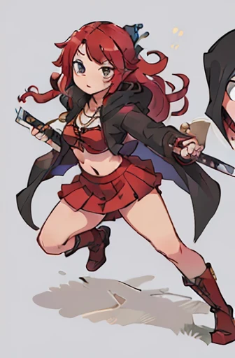 ((best quality)), ((masterpiece)), (detailed), perfect face, girl, pirate captain, ((long red hair)), full body, midriff, pistol, katana, red cloak, red short skirt, long black boots,