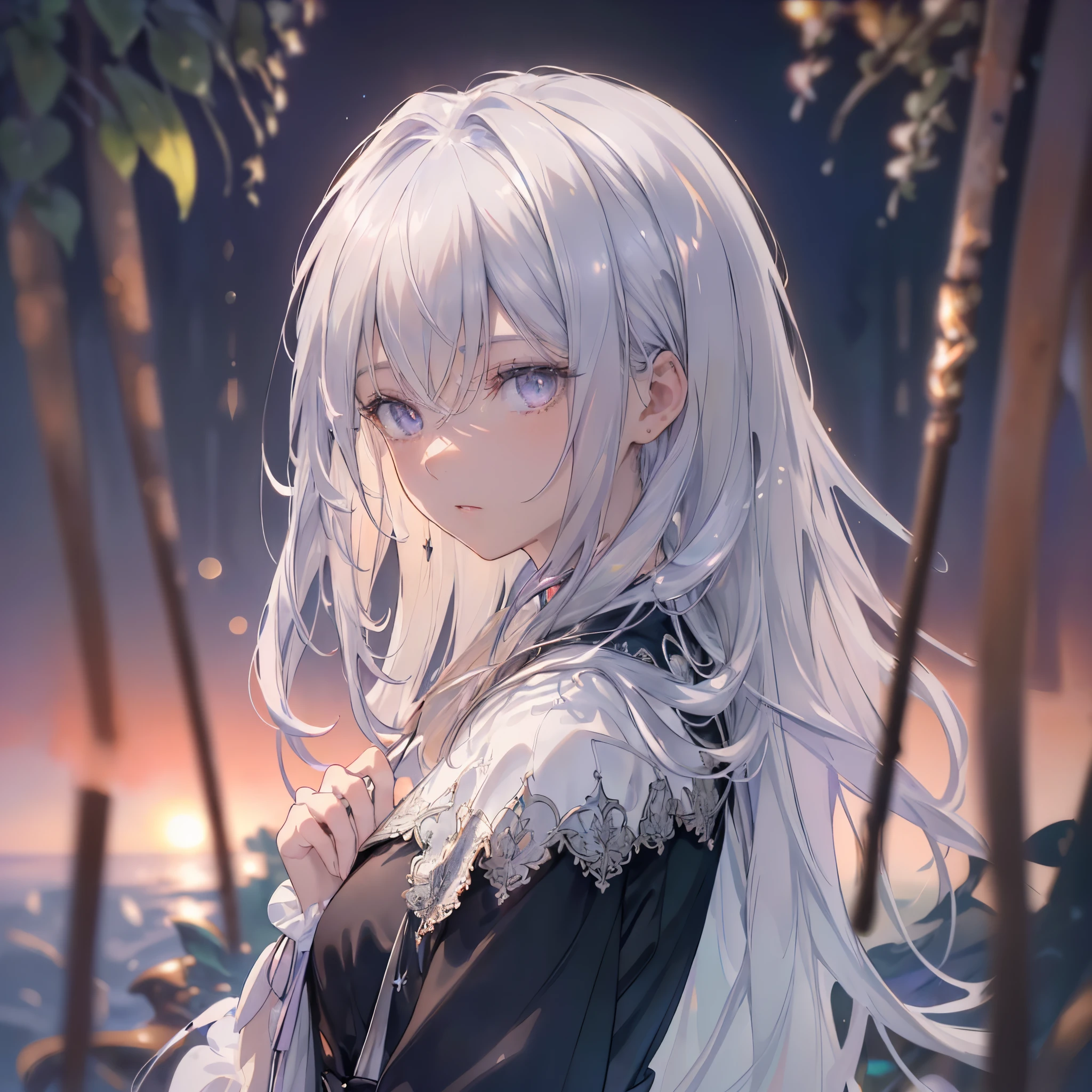 High definition RAW color art, Animation,sculptures, silver marble skin, (((Ultra detailed elegant))), Magical atmosphere, (Detailed skin, Texture (Intricately detailed, Fine detail, ultra-detailliert), deep red moonlight, depth of fields, Bokeh, silky touch, beautiful eyes, sunrise, Hyper Detail, Matte Drawing, Pastel purple, Looking back