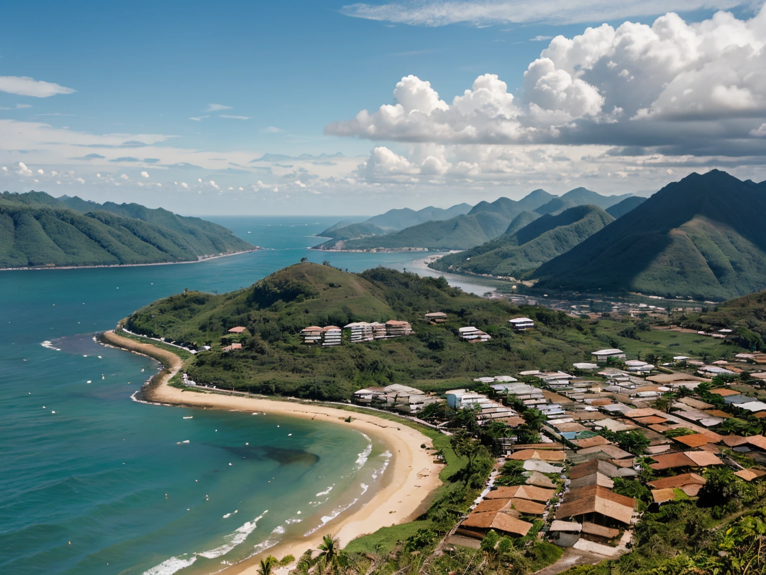 War-torn Brazilian rural town on the edge of a greenish sea with a forested mountain and exposed rocks in the background