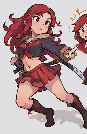 ((best quality)), ((masterpiece)), (detailed), perfect face, girl, pirate captain, ((long red hair)), full body, midriff, pistol, katana, red cloak, red short skirt, long black boots,