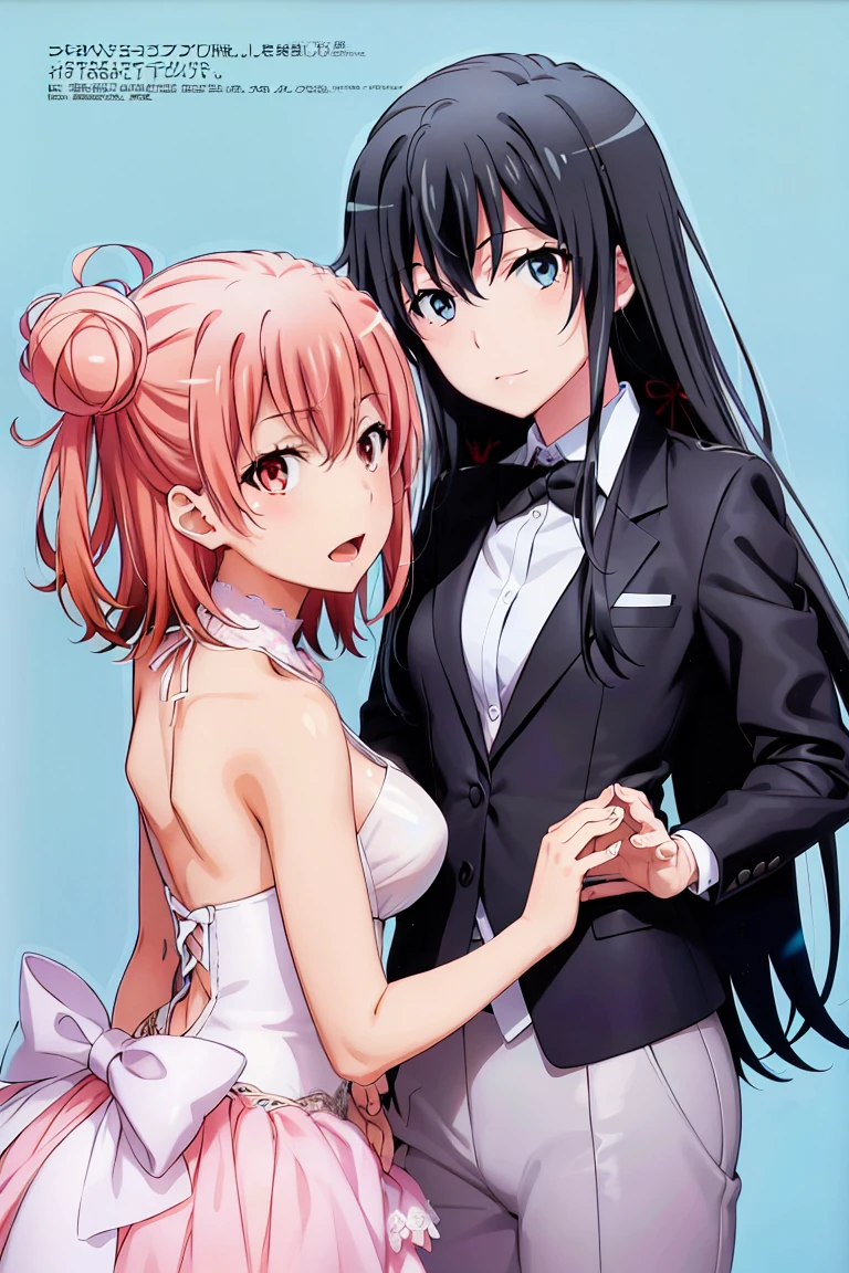 2 girls,  Woman, Home room wallpaper, Yukinoshita Yukino in a tuxedo and carrying a coat , Her wife Yuigahama Yui in a wedding dress, Yuri