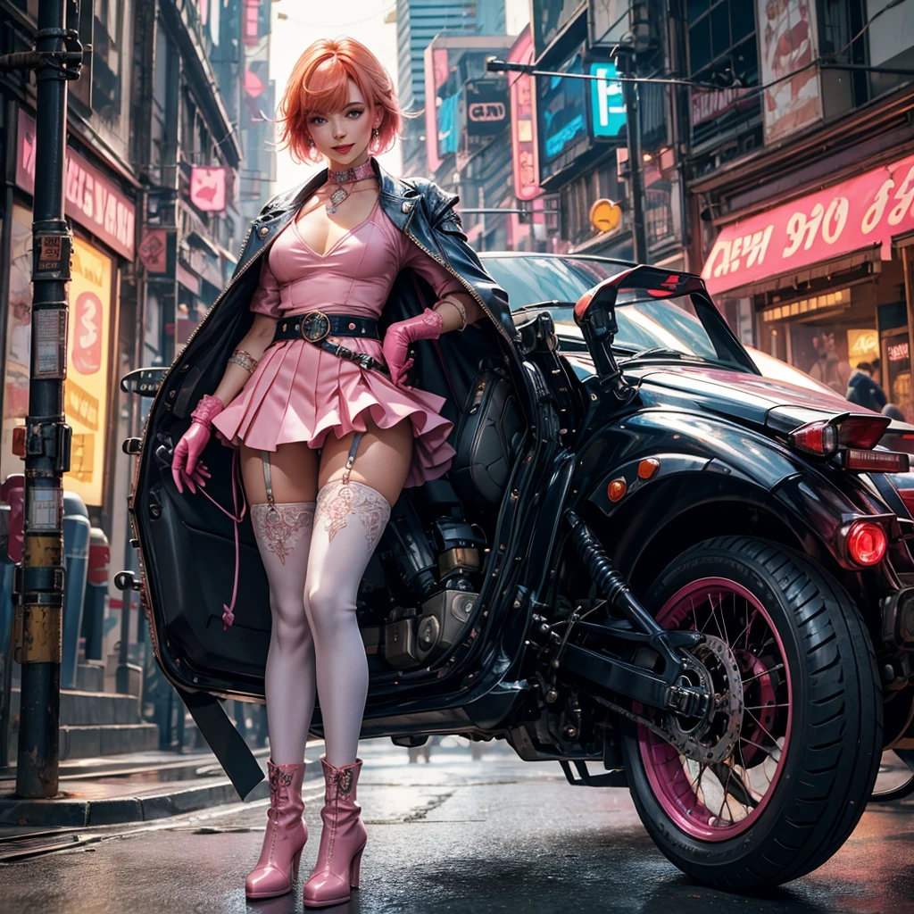 1girl, solo, cowboy shot, beautiful noralkyrie, looking at viewer, blush, smile, short hair, bangs, blue eyes, holding, hair between eyes, jewellery, medium breasts, collarbone, full body, shiny orange hair, grin, blue cropped jacket, white thighhighs, dynamic pose, metallic gloss, ((aesthetic cyberpunk)), (volumetric lighting), best quality, masterpiece, intricate details, tonemapping, sharp focus, hyper detailed, heart cut-out, gloves, jacket, pink skirt, pink belt, short sleeves, puffy sleeves, single armband, fingerless gloves, pink gloves, white ankle boots with pink soles, cyberpunk city background