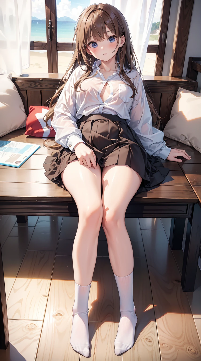 ultra - detailed, A high resolution, (actual, realistically: 1.4), 8K, RAW photos, (On a table), (Best quality), physically-based renderingt, college girl, Long brown hair, Korea, sea beach, unbutton your socks，look at them_The white_The shirt