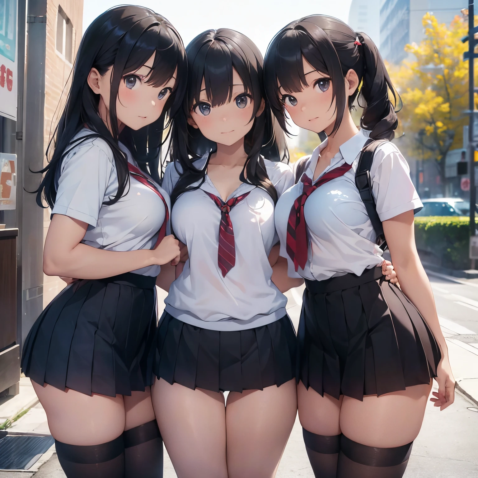 (A trio of high school girls standing back-to-back, with long black hair, large breasts, cleavage, breasts, a park at night, mini skirt, thighs, a navy pleated skirt with visible panties, short-sleeved shirt, buttocks, thong, sexy lingerie.)(best quality,4k,8k,highres,masterpiece:1.2),ultra-detailed,(realistic,photorealistic,photo-realistic:1.37),portraits,vivid colors,warm tones,soft lighting.