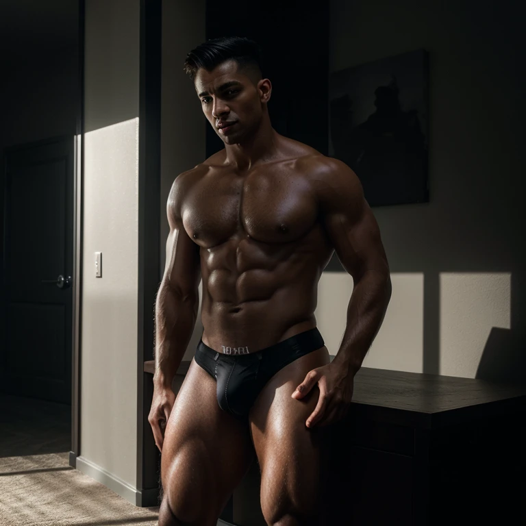 A gay male with a huge bulge in black underwear, (best quality, 4k, highres, masterpiece:1.2), ultra-detailed, (realistic, photorealistic:1.37), intense body features, vibrant colors, dramatic lighting, seductive and confident pose, alluring gaze, chiseled physique, artistic black and white portrait, shiny and silky texture, professional studio lighting, captivating and sensual atmosphere, provocative shadows, striking composition, contrast and depth, intimate setting, moody and mysterious vibe, masculine and powerful presence.