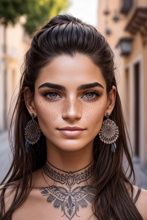 Una mujer en la treintena con pelo rubio muy claro y largo recogido en una coleta alta, con ojos almendrados verdes, cejas arqueadas rubias, nariz recta griega, una sonrisa de labios gruesos y dientes blancos, rostro anguloso, freckles on the nose and cheekbones, cuello de tipo mediano, pendientes de aros, with a dreamcatcher tattoo on his upper arm and walking down a street in Madrid