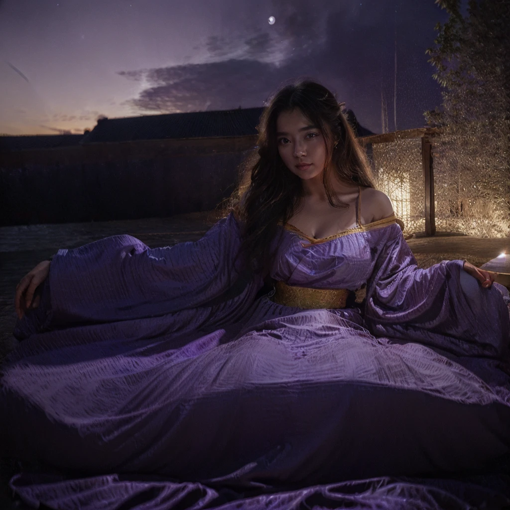 A very dreamy, beautiful, determined, sensual, Asian girl with long curly hair, enjoying feast and party, lavish beautiful gown, under the moonlight, violet sky with shining beautiful stars, dreamy clouds, magical meteor showers
