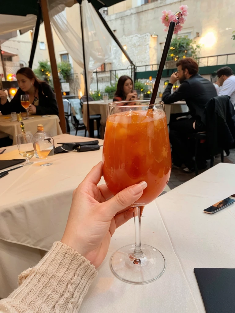 Red hair beautiful woman drinks aperol in Italy street