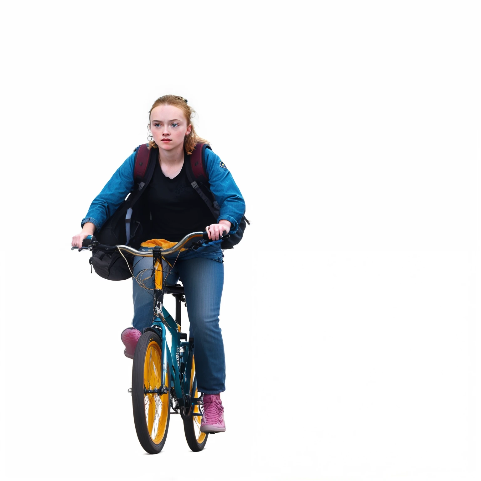 there a woman riding a bike with a backpack on it, riding a bike, picture of a female biker, rides a bike, Short black hair with bangs, short hair girl in motion, student, sadie sink, bicycle, biker, photo-shopped, clarice starling, trying to ride it, high res photo, teenage girl riding a dragon, cycling!!, mid 9 0 s