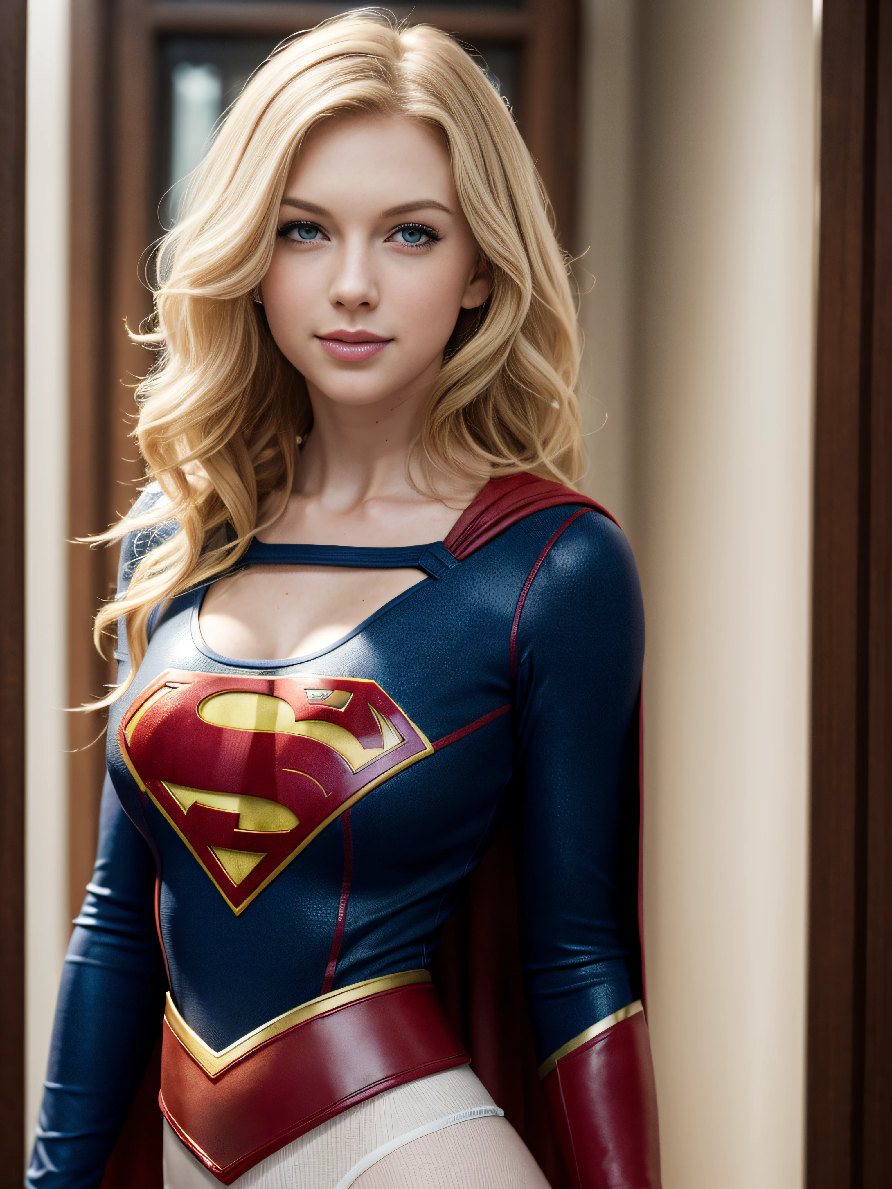 ((high resolution)), ((pale skin)), freckled, Taylor Swift, blushing cheeks, wavy hair, smiling, large breasts, sexy Supergirl