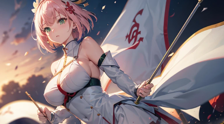 (masutepiece), Best Quality, Highest Quality, Highly detailed CG Unity 8k wallpaper, Original, High resolution, (depth of fields: 1.5), fidelity: 1.3, a beauty girl,　A pale pink-haired,　Short Bob,　huge tit,　Caucasian,　Green Eyes,　White dress,　huge tit , hold a flag, military flag, girl raise a flag