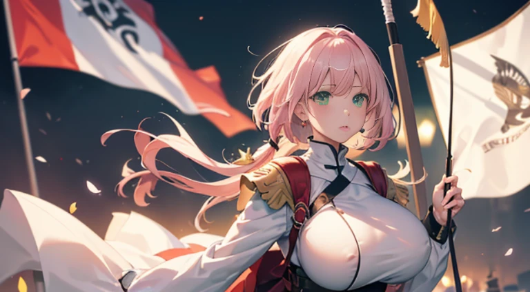 (masutepiece), Best Quality, Highest Quality, Highly detailed CG Unity 8k wallpaper, Original, High resolution, (depth of fields: 1.5), fidelity: 1.3, a beauty girl,　A pale pink-haired,　Short Bob,　huge tit,　Caucasian,　Green Eyes,　White dress,　huge tit , hold a flag, military flag, girl raise a flag