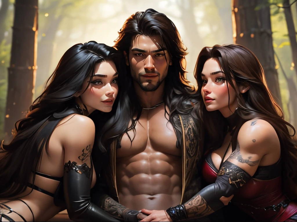 Muscular Handsome (((short-haired))) shirtless barbarian man absolutely surrounded and being hugged and touched by (((three))) sexy Goth witch women harem girlfriends bitches feeling his muscles and groin, women: curvy with wide hips and nice asses in flattering sexy fantasy clothing, in a state of undress, three of the hottest women to ever live , creating love to this man, the three women share him as a boyfriend and enjoy helping him feel pleasure together, there are so many gorgeous women are here around this one man, wrestling , hugging, tackling, massaging, Flirtatious, sexy medieval fantasy clothing made of fur and silk, lounging in a tent in a magical forest, worshipping him, sexual, kissing, sexualized positions, glowing glistening wet skin, tattoos, , jewelry, faces of pleasure and joy, pressing themselves together, romance novel cover poses, women competing for attention , one woman to his right and one to his left and one behind him, full body shot, (((ONLY ONE MAN)))