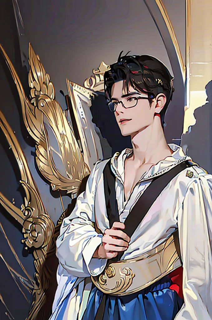 (masutepiece,Best Quality,Ultras_Detailed,hight resolution,absurderes) (detailed shadow) (High quality light),1 (Mature) Man's, 30-ish, ((broad shoulder)) (muscle focus, Solo, Short black quiff hair with soft fringe (Side 3 bangs:7 Ratio), Brown eyes (Detailed eyes), Upper body, short wavy hair, Front view, wide manly face, Parted lips, Round eyewear, Half body, Fantasy, king suite, nobles (White fur cloak), royal hall background (Detailed background),
