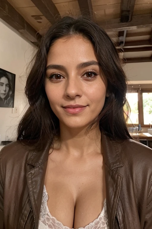 1 23-year-old girl, piel bronceada morena, Brown Dark Hair, cabeza con rasgos finos, nariz fina y perfilada, mirada seductora; coqueta, seria y profunda, senos medianos, smiling wearing a brown jacket, que no se le vean los senos, un poco seria del rostro, con unas flores de fondo en una casa de madera, labios un poco rosaditos