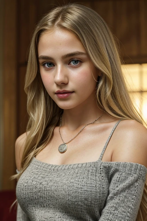 1girl 13 year old, solo, long hair, small breasts, looking at viewer, blonde hair, bare shoulders, brown eyes, jewelry, full body, necklace, off shoulder, sweater, lips, realistic, nose, flirting with camera