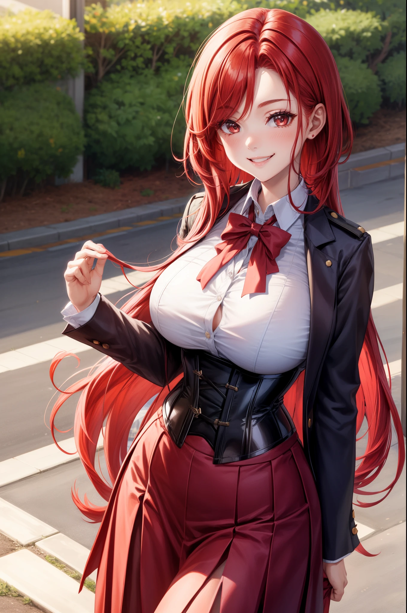 1girl face,red hair, wide hips, smile,, 1girl, large breasts, huge chest, very long hair,, skirt, school uniform, shirt, corset, outdoor