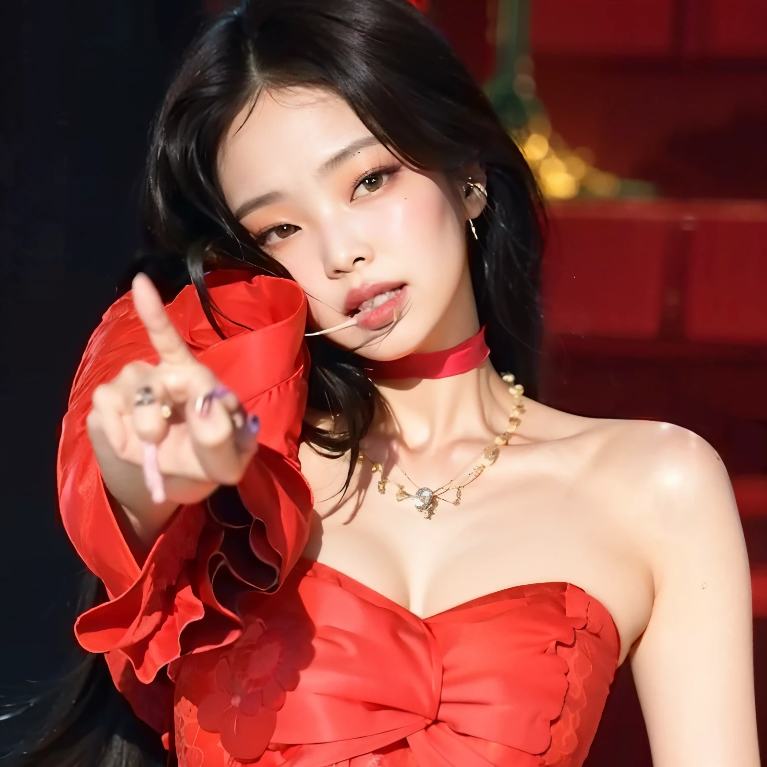 un primer plano de una mujer con un vestido rojo sosteniendo un objeto rojo, Blackpink Jennie, Parque Roseanne de Blackpink, Gongbi, Jossi de Blackpink, Jisoo de Blackpink, Jisoo de Blackpink, JIA, Sha Xi, 韓国アイドル, Heonhwa Choe, iu lee ji-eun as a super villain, Parque Ji-min, Retrato de Jossi de Blackpink