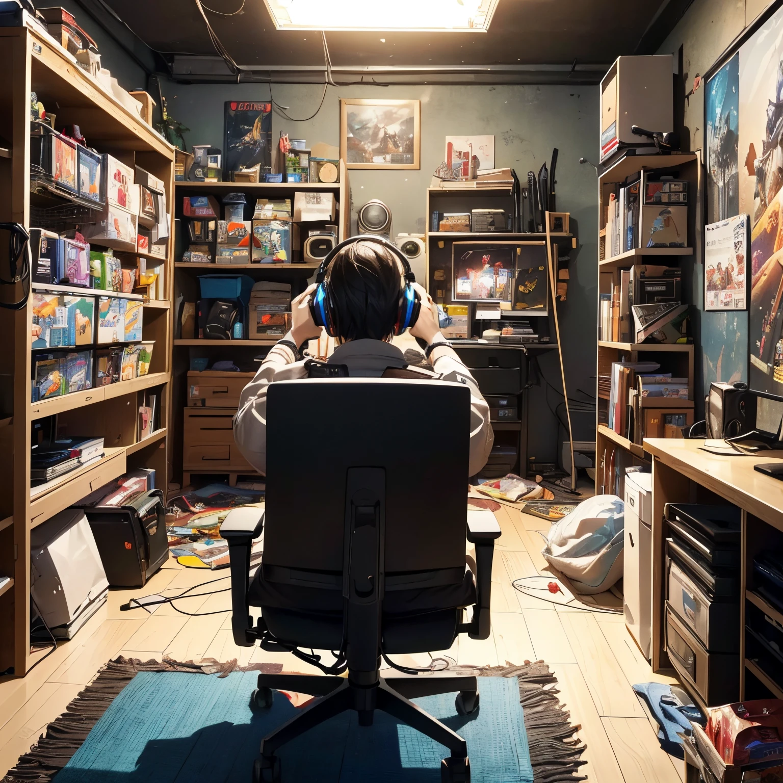 (best quality,4k,highres,masterpiece:1.2),ultra-detailed,realistic:1.37,a young man playing video games in a messy room,untidy room,scattered food on the floor,dirty clothes on the chair,a gaming headset,a console controller,a computer screen,a gaming poster in the background,vibrant colors,dynamic lighting,immersive atmosphere,discarded snack bags,opened soda cans strewn around,video game boxes stacked on the shelves,posters of game characters on the walls,messy cables and wires tangled on the floor,soft glow from the screen lighting up the room