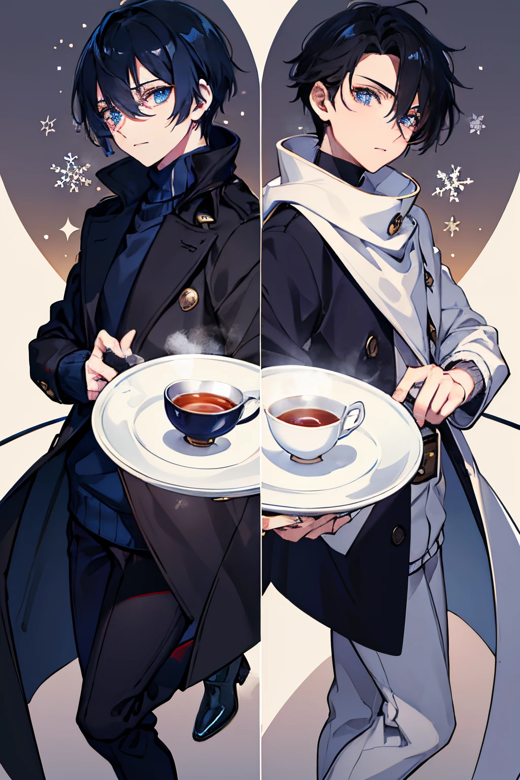 male people A dark-haired blue eyess coat sweater lux slacks long boots Christmas cake and tea masterpiece Top image quality denoise Clear cinematic shadow Increased attractiveness of the eyes Clear the shine of the eyes Draw eyelashes neatly Perfect Eye A detailed eye Sharpen image quality Sharpen eye writing Clear eye shape
