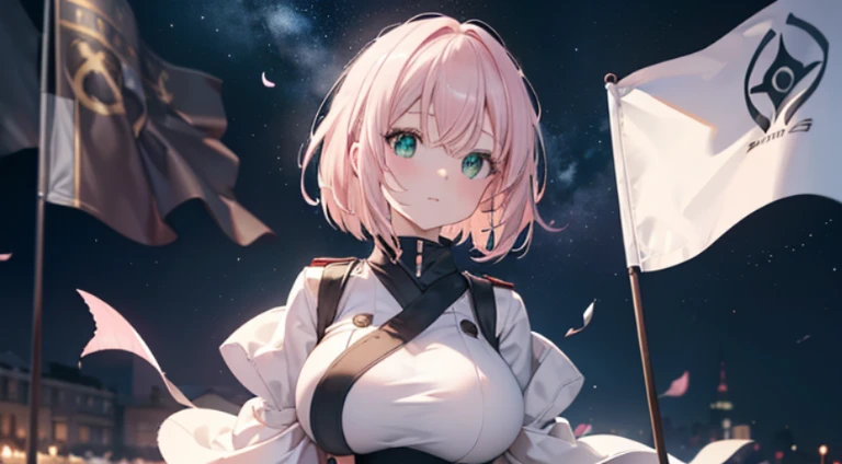 (masutepiece), Best Quality, Highest Quality, Highly detailed CG Unity 8k wallpaper, Original, High resolution, (depth of fields: 1.5), fidelity: 1.3, a beauty girl, A pale pink-haired, Short Bob, huge tit, Caucasian, Green Eyes, White dress, huge tit , hold a flag, military flag, girl raise a flag