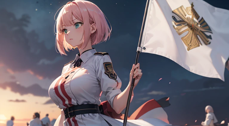 (masutepiece), Best Quality, Highest Quality, Highly detailed CG Unity 8k wallpaper, Original, High resolution, (depth of fields: 1.5), fidelity: 1.3, a beauty girl, A pale pink-haired, Short Bob, huge tit, Caucasian, Green Eyes, White dress, huge tit , hold a flag, military flag, girl raise a flag