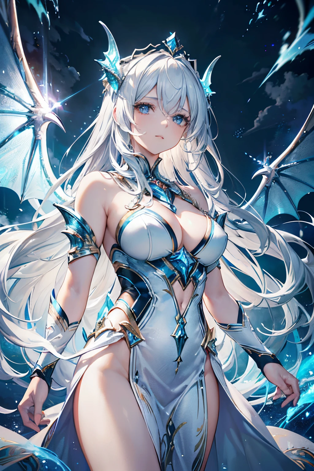 (best quality,4k,8k,highres,masterpiece:1.2),ultra-detailed,(realistic,photorealistic,photo-realistic:1.37),beautiful magical dragonoid woman,white and blue theme,dragon of lightning, lightning crackling out of her hands,glowing eyes,floating in the air,storm in the background,metallic scales,wings spreading wide,serene expression,flowing silver hair,golden crown adorning her head,mystical aura emanating from her,sparkling blue crystals,thunderbolts illuminating the sky,clouds swirling with energy,unique intricate patterns on her skin,majestic and powerful presence,vivid colors,shadows and highlights creating depth,soft and magical lighting,mythical and enchanting atmosphere,ethereal beauty,captivating and awe-inspiring scene