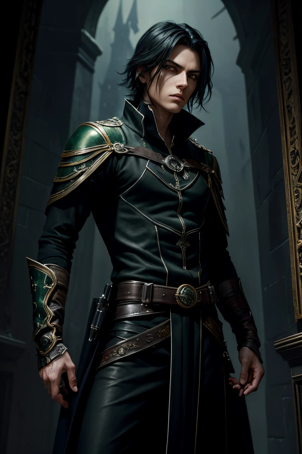 (an androgynous male assassin:1.1),wild black hair,green eyes,slim,black assassin clothing,in a castle,medium:oil painting,detailed background,moody lighting,vivid colors,dark and mysterious ambiance,ominous atmosphere