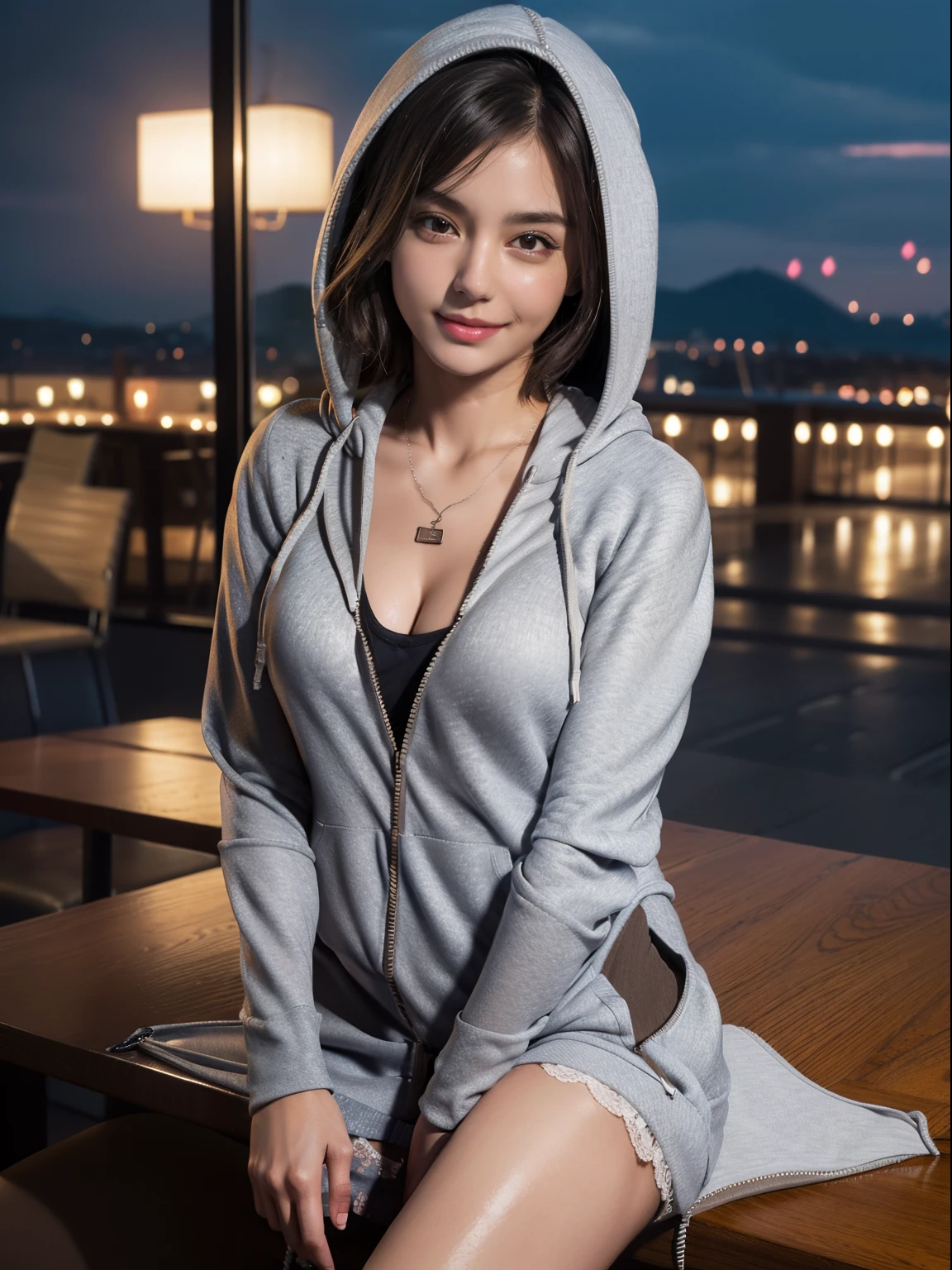 (Exposed One Breast))), (Lower Breast Exposed)), ((Lower)), Temptation Smile, (8k, Best Quality, Masterpiece: 1.2), (Realistic, Photorealistic: 1.37), Super Detailed, 1 Girl, Cute, Solo, Beautiful Detailed Sky, More Cafe, Night, Sitting, Date, (Blush), (Smile: 1.15), (Closed Mouth) Beautiful Detailed Eyes, Night, Wet, Sheer Through, Business clothes, rain, white lace, (short hair: 1.2), floating hair Novafrog style, cleavage, no bra, very thin cloth, very tight cloth, gray hair, zip (((((up hoodie))), necklace, grabbing chest