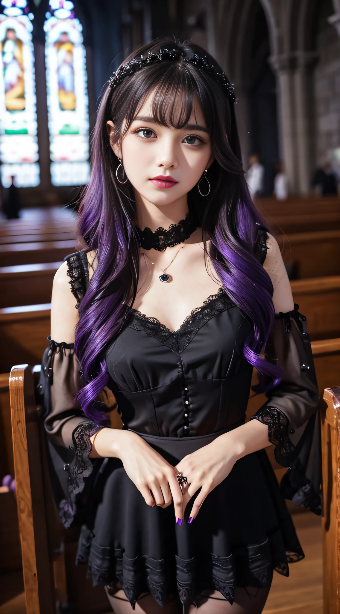 LTRA Details、Fascinating beauty、Dainty woman、Cool Girl、Wavy Hair、Black chiffon dress、Wide sleeves、flered skirt、Black pantyhose、Evil Female Executive、Evil Fall、brainwash、lacy fabric、Glossy legs、black lipstick、Evil look、Suspicious look、Hollow eyes、wicked、Reaching out、Arms up、In the Church、Palm forward、Purple Lipstick、Pendants