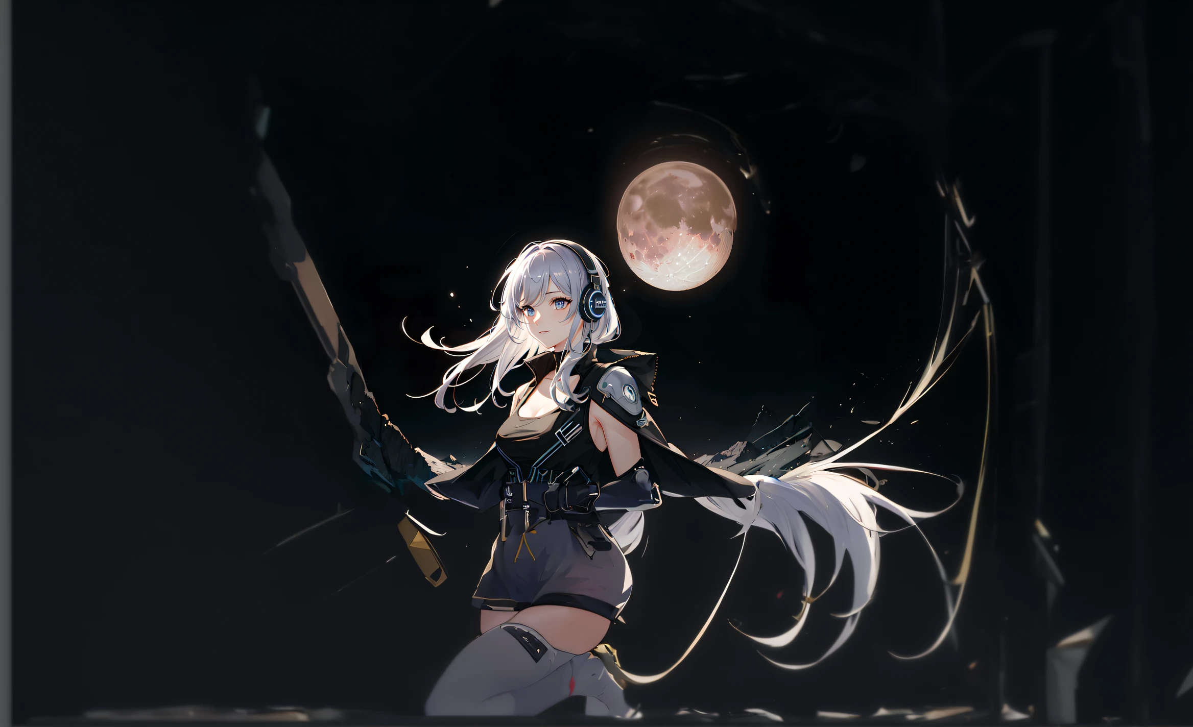 chica anime con auriculares y capa parada frente a la luna llena, Mejor fondo de pantalla de Anime 4K Konachan, Nightcore, Estilo anime 4K, Retrato Anime Space Cadet Girl, de Arknights, Anime Wallpaper 4k, Fondos de pantalla de anime 4k, Anime Art Wallpaper 8K, Anime Art Wallpaper 4K, Anime Art Wallpaper 4K, Cyborg - Chica con cabello plateado