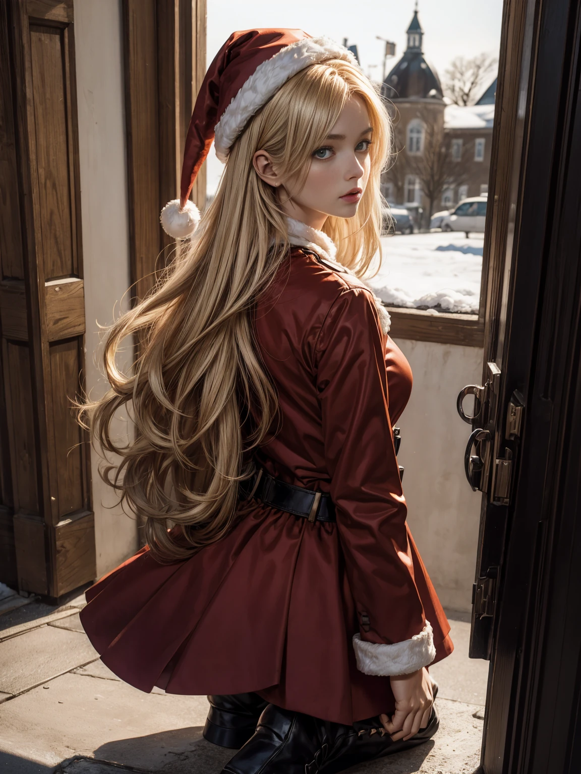 (Meisterwerk), (best quality), (Detailliert), Helle Schicht, 1solo girl, Kizi, Perfect Body, blondes Haar, definierter Brustkorb, defined collarbone, ultra realistisch, fotorealistisch, Detailliert, ,verbessern, wearing a Santa suit with thigh-high red boots and a Santa hat, outside, Schwarz der Nacht, Schneeflocken-Muster, Back view, look over shoulder