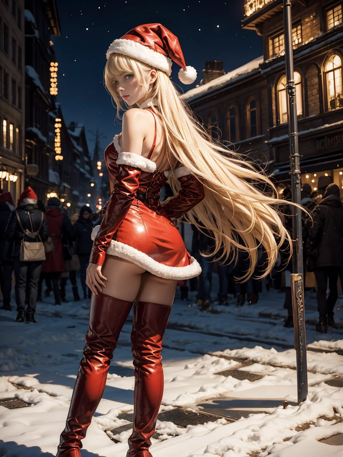 (Meisterwerk), (best quality), (Detailliert), Helle Schicht, 1solo girl, Kizi, Perfect Body, blondes Haar, definierter Brustkorb, defined collarbone, ultra realistisch, fotorealistisch, Detailliert, ,verbessern, wearing a Santa suit with thigh-high red boots and a Santa hat, outside, Schwarz der Nacht, Schneeflocken-Muster, Back view, look over shoulder