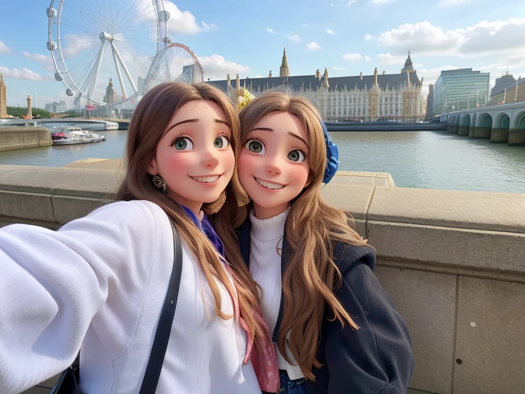 two women taking a selfie in front of a ferris wheel, in london, taken in 2 0 2 0, by Emma Andijewska, in the background, london, london south bank, 😭 🤮 💕 🎀, london eye, photo taken in 2 0 2 0, 🤬 🤮 💕 🎀, taken in 2022, smooth in _ the background, happy girls