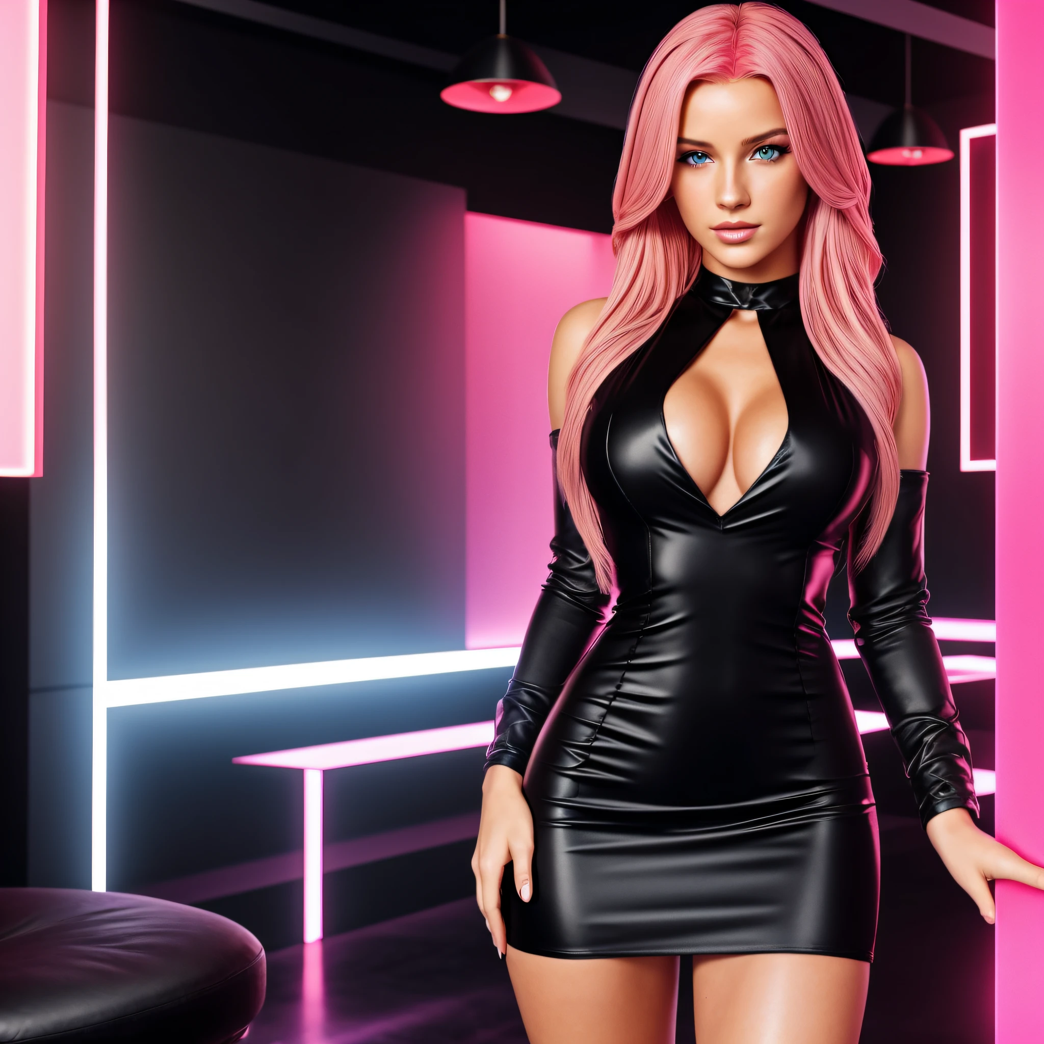 Generate a sexy photoshoot in (the nightclub) featuring ((a pink-haired girl)). The charismatic blonde influencer should be 21 years old and approximately 5'8" tall. She has a beautiful hair. She possesses a fit figure, emphasized by her large breasts. She has a warm, sun-kissed tan. Her blue eyes radiate charisma, reflecting her sweet and dedicated demeanor.
She dressed in sexy ((black minidress)). The outfit exudes sexiness and style, perfectly complementing the atmosphere. You can see her cleavage. She has a sexy and relaxed look on her face!
The photography should emphasize the serene and charming nature of the scene, with photorealistic details, path tracing, specular lighting, volumetric face light, path traced hair, visible shadows, and an intricate, hyper-realistic