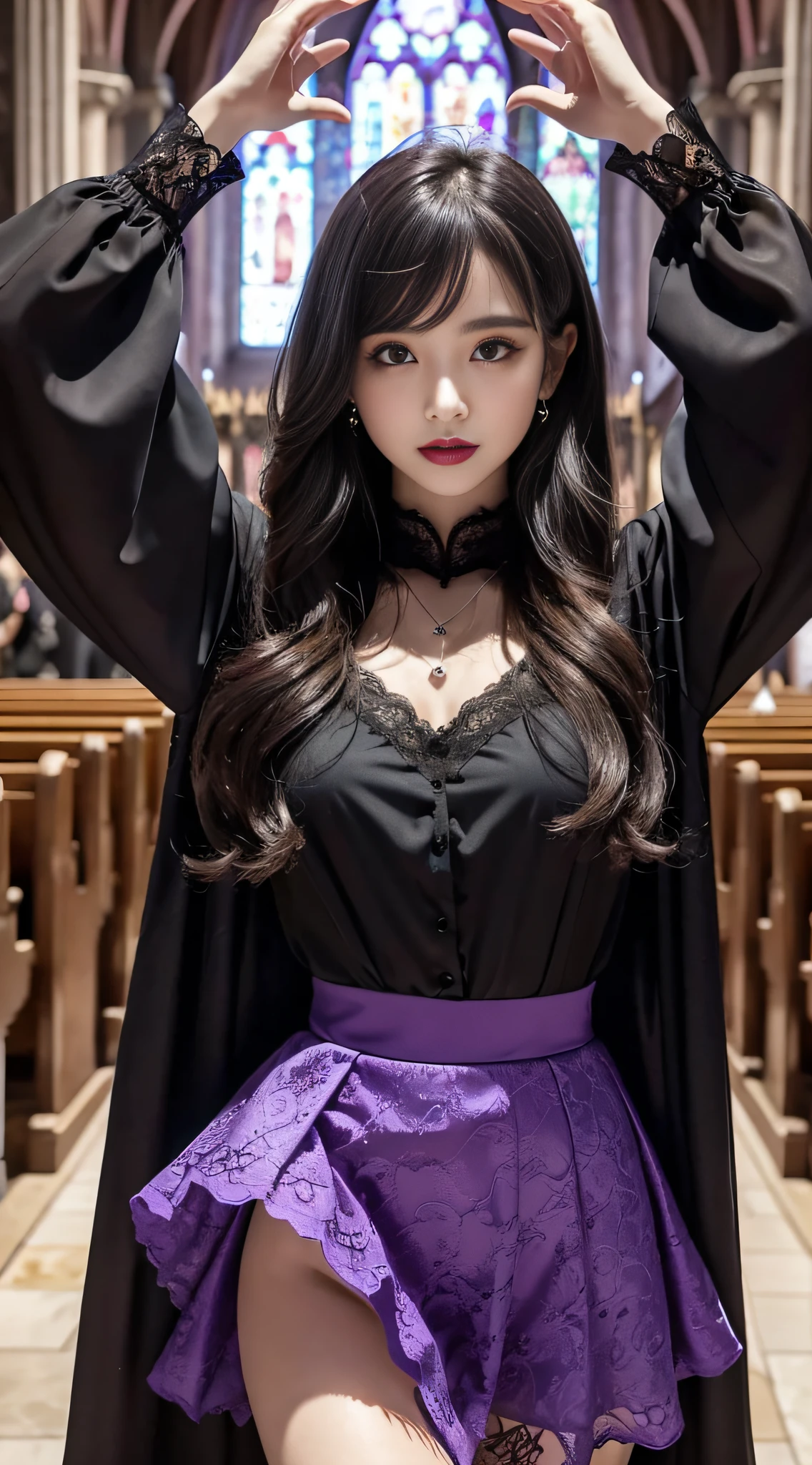 LTRA Details、Fascinating beauty、Dainty woman、Cool Girl、Wavy Hair、Black chiffon dress、Wide sleeves、flered skirt、Black pantyhose、Evil Female Executive、Evil Fall、brainwash、lacy fabric、Glossy legs、black lipstick、Evil look、Suspicious look、Hollow eyes、wicked、Reaching out、Arms up、In the Church、Palm forward、Purple Lipstick、Pendants