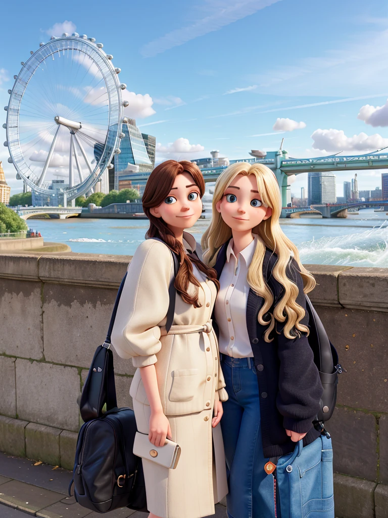 two women standing next to each other near a river, in london, london eye, taken in 2 0 2 0, in the background, by Niko Henrichon, by Tom Wänerstrand, by David Ruby, by Emma Andijewska, london streets in background, ruins in the background, smooth in _ the background, happy girls