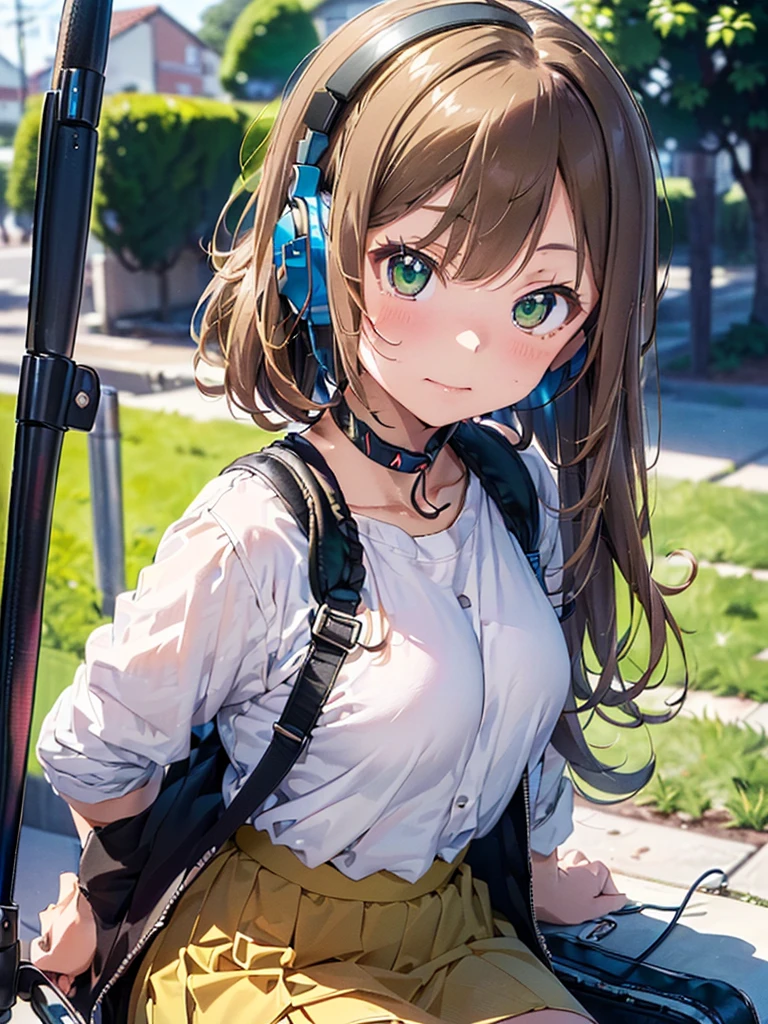 ((((Riina Tada from Idol master)))), ((1little girl)), 16yo, (((light brown hair))), (green eyes), (((diagonal bangs))), (Blunt bangs), (middle hair),  (((headphones on her neck))), (with guitar case), ((Hair parting is on the left side)), 
White tee shirt, pleatedskirt, Black jacket,
((small tits)),