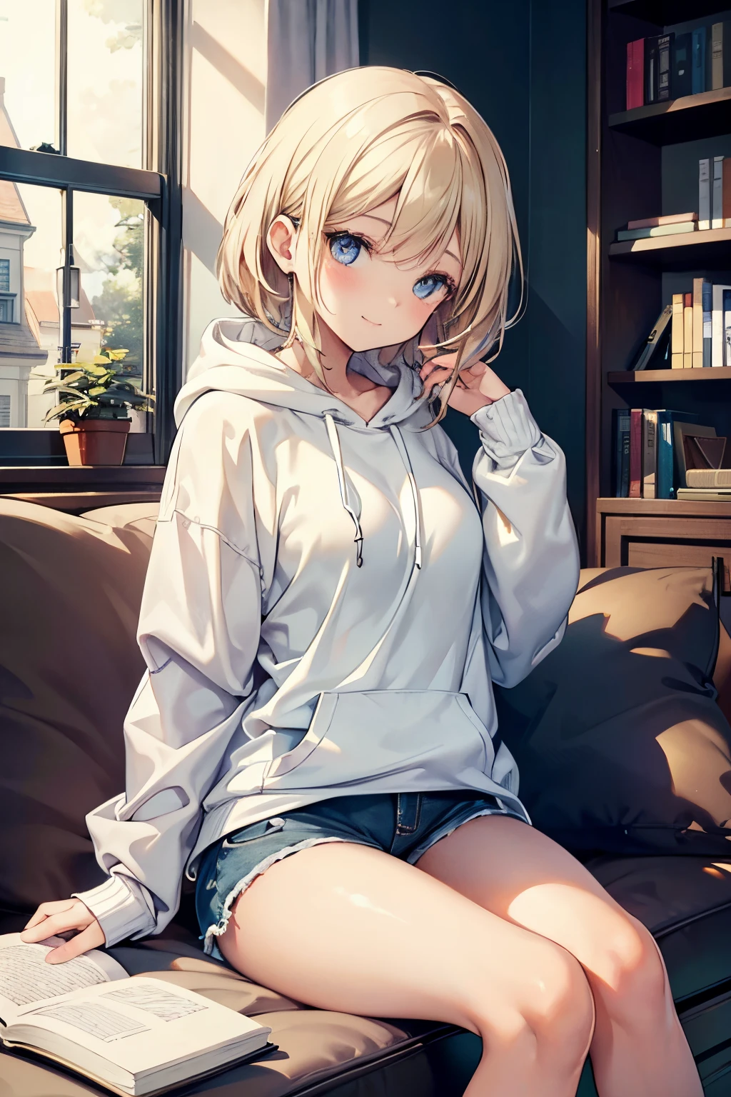 "A beautiful girl in a house, smiling, wearing a hoodie, wearing short shorts, with a little bit of makeup, and Caucasian. She is surrounded by warm and cozy furnishings that give a comforting atmosphere. The house is filled with natural light, casting soft and gentle shadows. The girl's bright eyes and radiant smile display her happiness and contentment. The gentle breeze from an open window lightly rustles her hair, adding a touch of movement to the scene. The texture of the hoodie is soft and comfortable, creating a sense of relaxation. The short shorts reveal her slender legs, giving a youthful and carefree vibe. The girl's makeup is subtle, enhancing her natural beauty. The color palette is warm and inviting, with soft pastel tones that further enhance the cozy atmosphere. In the background, there are bookshelves filled with books, indicating her love for reading and knowledge. The overall image quality is of the best quality, with ultra-detailed features and photorealistic rendering. The use of studio lighting adds depth and dimension to the scene, emphasizing the girl's beauty. The artwork reflects a realistic and lifelike style, capturing every intricate detail of the girl's face. The composition is carefully balanced, creating a sense of harmony and serenity. This prompt aims to generate a masterpiece of a beautiful girl in a house, evoking a sense of warmth, relaxation, and joy."