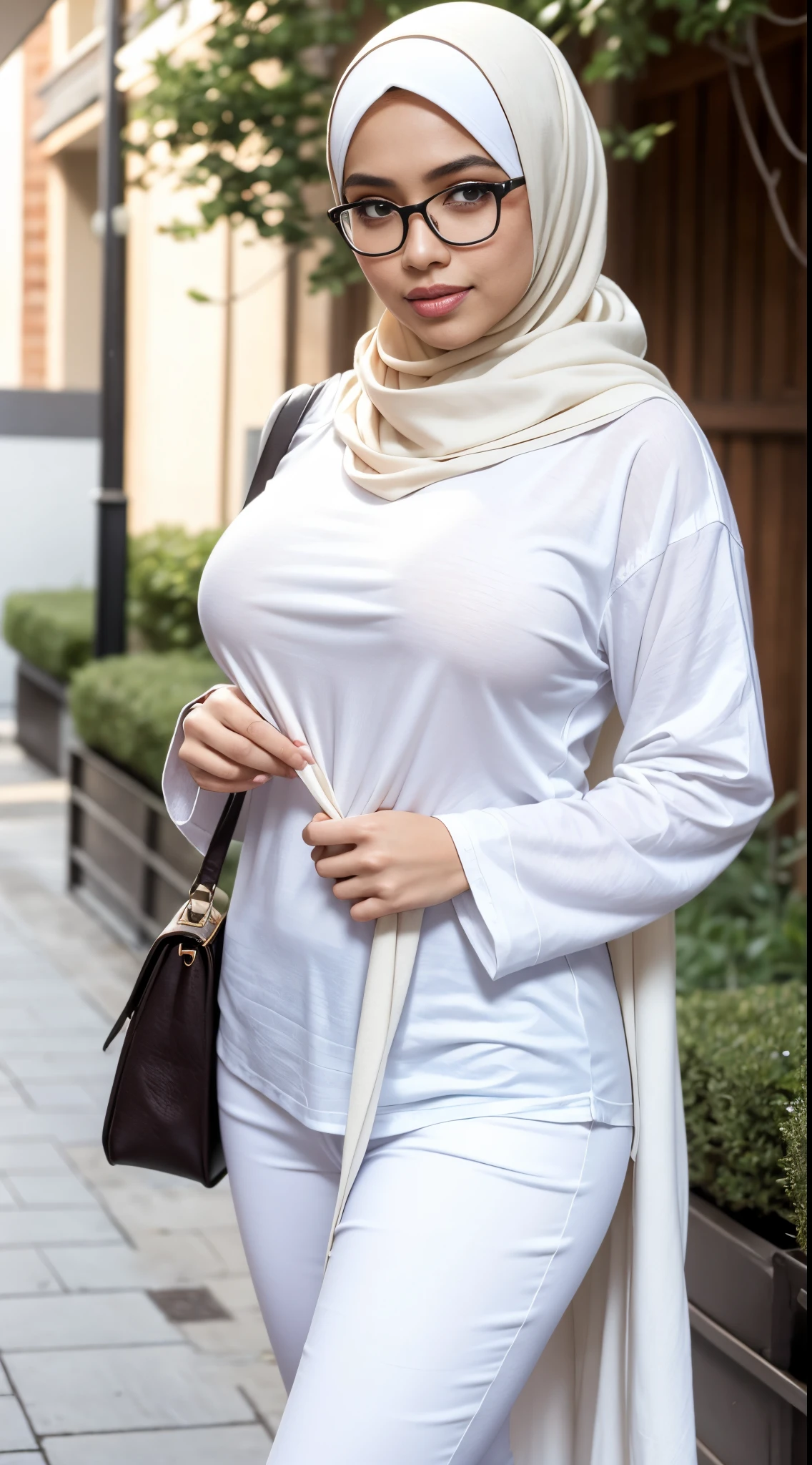 RAW, Best quality, high resolution, masterpiece: 1.3), beautiful Malay woman in hijab,Masterpiece, perfect fit body, ((Huge breasts)), big gorgeous eyes, Soft smile,wearing a white shirt and a scarf and a pair of glasses, white hijab, hijab, malay girl, with a white, in tshirt, wearing a fisher 🧥, casual clothing style, wearing a t-shirt, with a long white, 🤠 using a 🖥, white scarf, wearing in shirt, in cartoon style ,Delicate turtleneck, necklace, shairband, afternoon walk, City garden, Excellent lighting, Bright colors, Clean lines