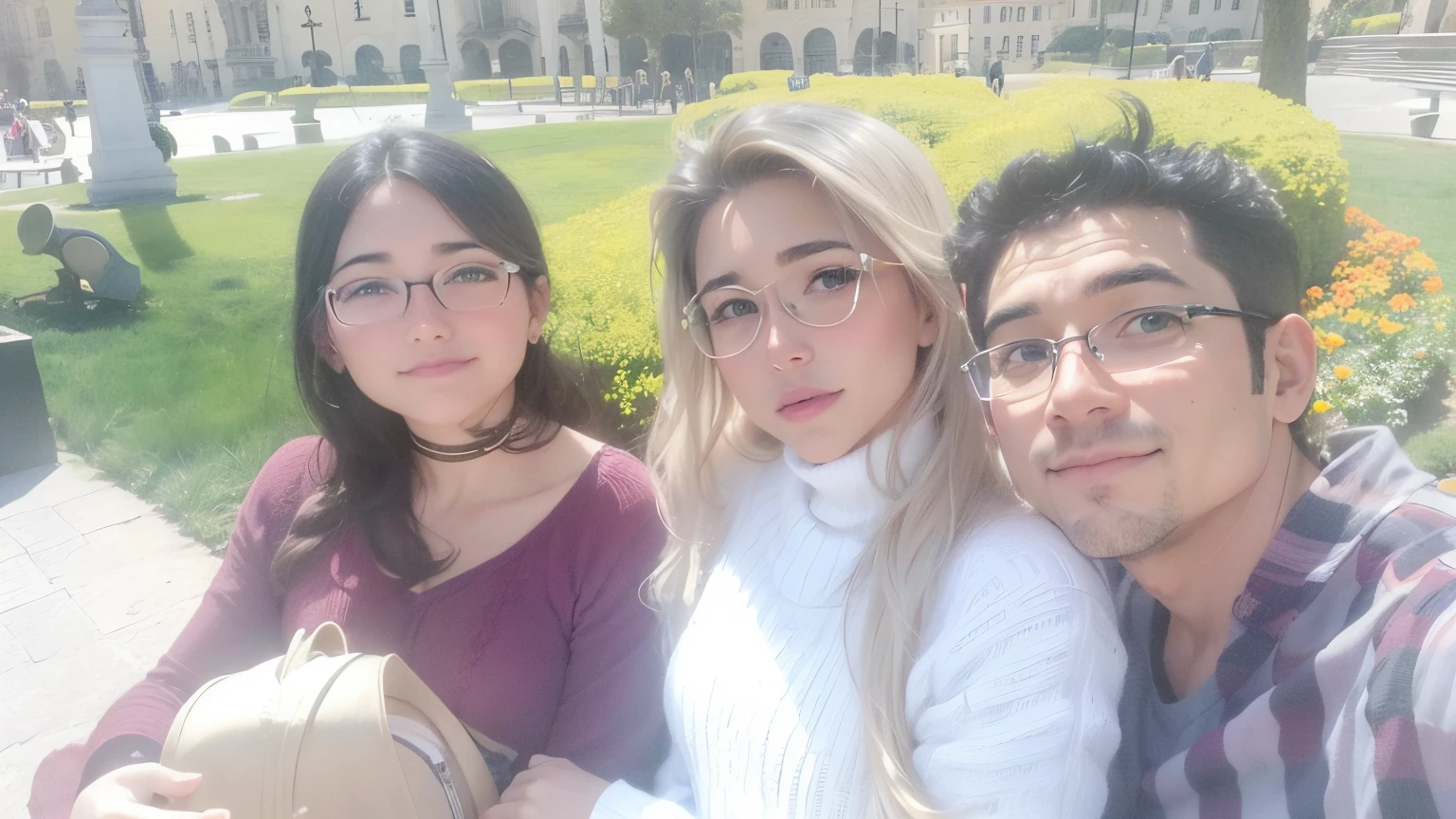 tres personas posan para una foto frente a un edificio, foto de perfil, en clima soleado, imagen de calidad, Imagen de perfil, Looking at camera!!!, in a sunny day, Imagen sincera, foto de perfil 1024px, instagram post, en una plaza de la ciudad, en la universidad, Foto de perfil, Foto de perfil, una imagen, Foto selfie. La mejor calidad,4k,8k,Altas Resoluciones,Obra maestra:1.2),Ultra detallado,(realista,fotorrealista,fotorrealista:1.37),Anime style,De color,Ideal lighting,hermosos ojos detallados,Cabello suave,rasgos faciales delicados,ojos brillantes y muy expresivos,long eyeslashes,dynamic pose,Pastel color scheme,Fondo vibrante,Elementos de la naturaleza,Ropa detallada,Efectos chispeantes,magical atmosphere