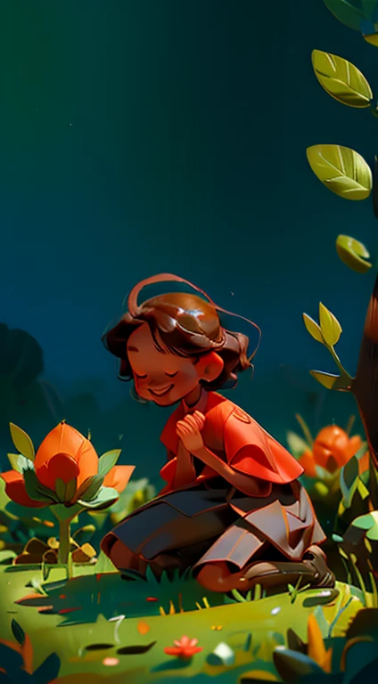 A young girl kneels in a sun-drenched garden, carefully planting a small seed in the fertile soil. She smiles with a hopeful expression.