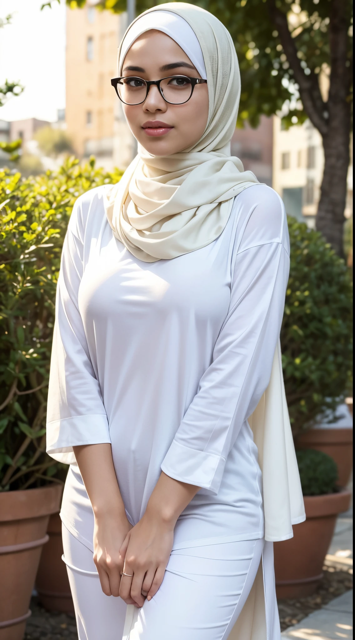 RAW, Best quality, high resolution, masterpiece: 1.3), beautiful Malay woman in hijab,Masterpiece, perfect fit body, ((Huge breasts)), big gorgeous eyes, Soft smile,wearing a white shirt and a scarf and a pair of glasses, white hijab, hijab, malay girl, with a white, in tshirt, wearing a fisher 🧥, casual clothing style, wearing a t-shirt, with a long white, 🤠 using a 🖥, white scarf, wearing in shirt, in cartoon style ,Delicate turtleneck, necklace, shairband, afternoon walk, City garden, Excellent lighting, Bright colors, Clean lines